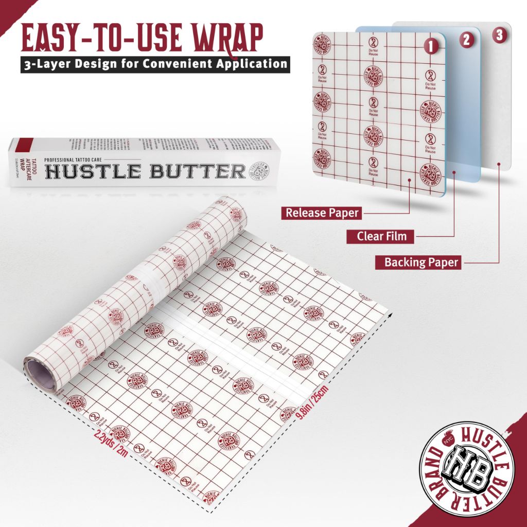 Hustle Butter Second Skin Tattoo Wrap - 9.8 Inches x 2.2 Yards - Transparent Adhesive Roll