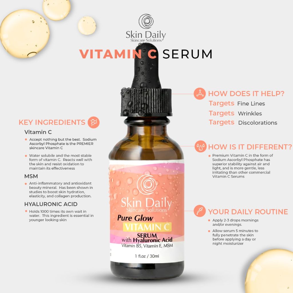 Antioxidant Vitamin C Serum for Face- Infused with Electrolytes, Hyaluronic Acid, Retinol - 1 oz