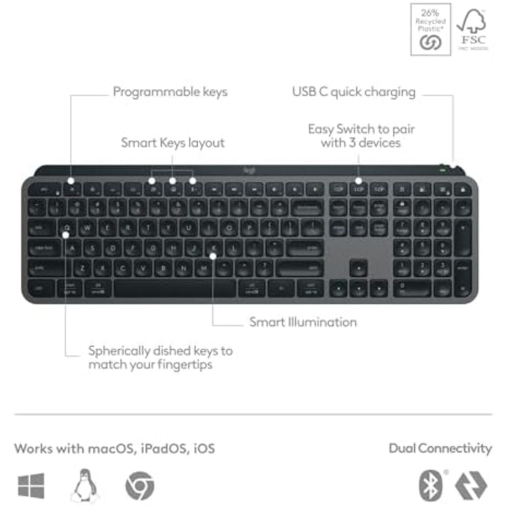 Logitech MX Keys S Wireless Keyboard, Low Profile, Fluid Precise Quiet Typing, Programmable Keys, Backlighting, Bluetooth, USB C Rechargeable, for Windows PC, Linux, Chrome, Mac - Graphite