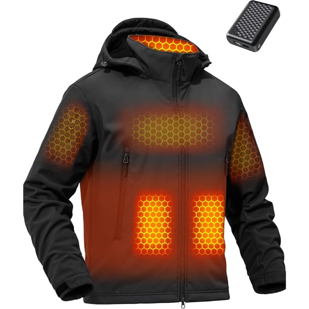 Wulcea Men's Graphene Heated Soft Shell Jacket w/12V 18400mAh Rechargeable Battery - Black, Large
