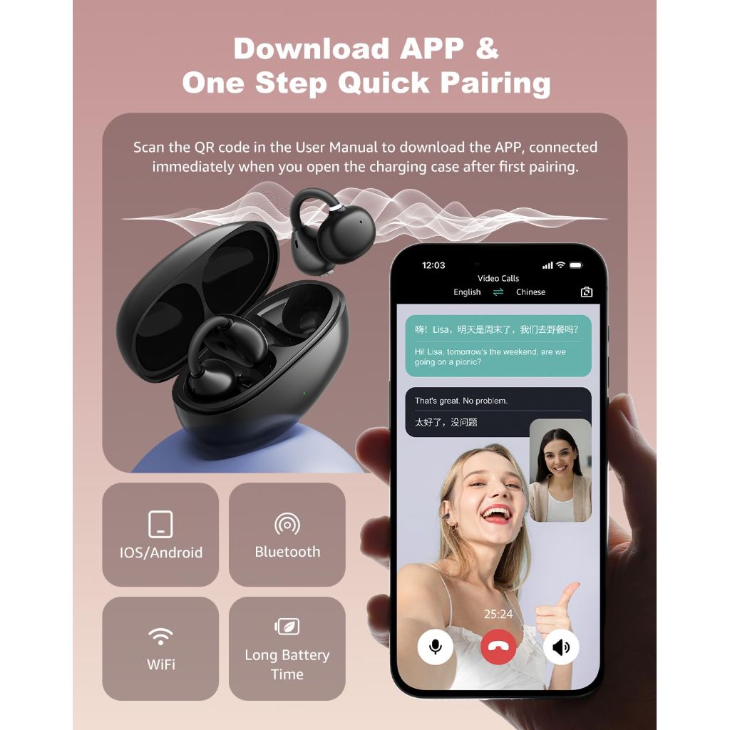 AMINY - AI Translation Earbuds Real Time 163 Accents & Languages Translator Earbuds