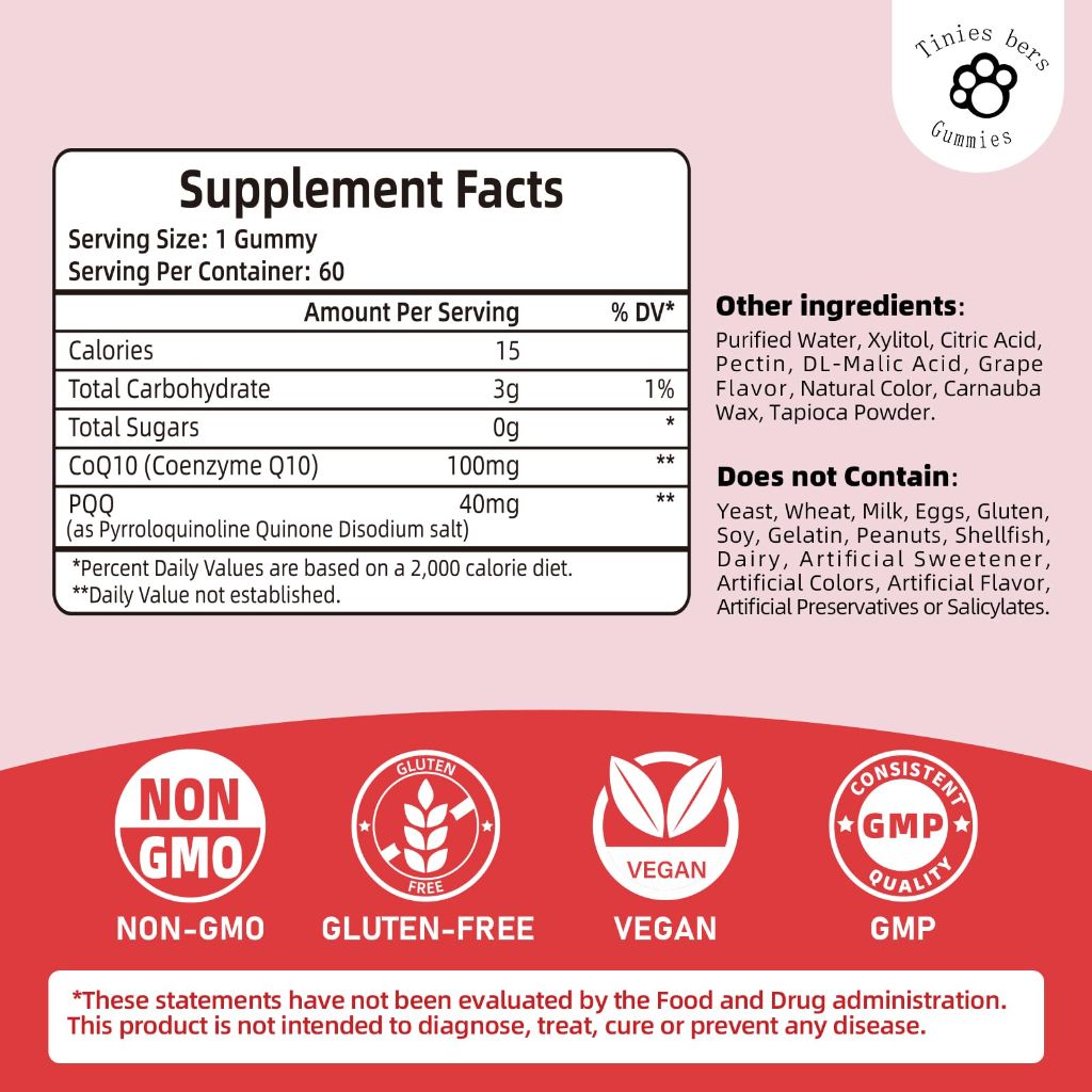PQQ Gummies Supplement 40mg, CoQ10 Gummies 100mg for Adults, Grape, 60