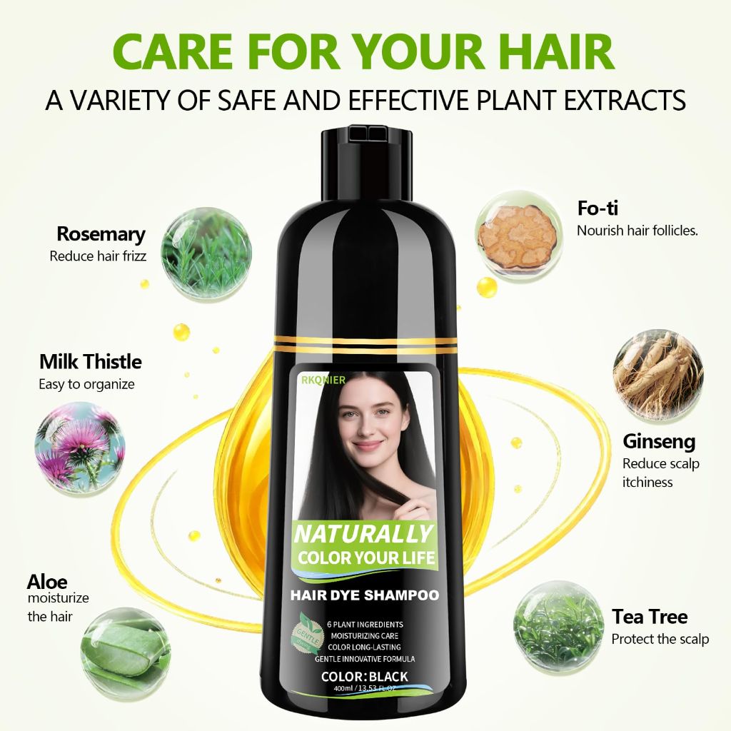 RKQNIER Black Hair Dye Shampoo for Women & Men, 10 Min Gray Coverage, 3 in 1 Semi-Permanent