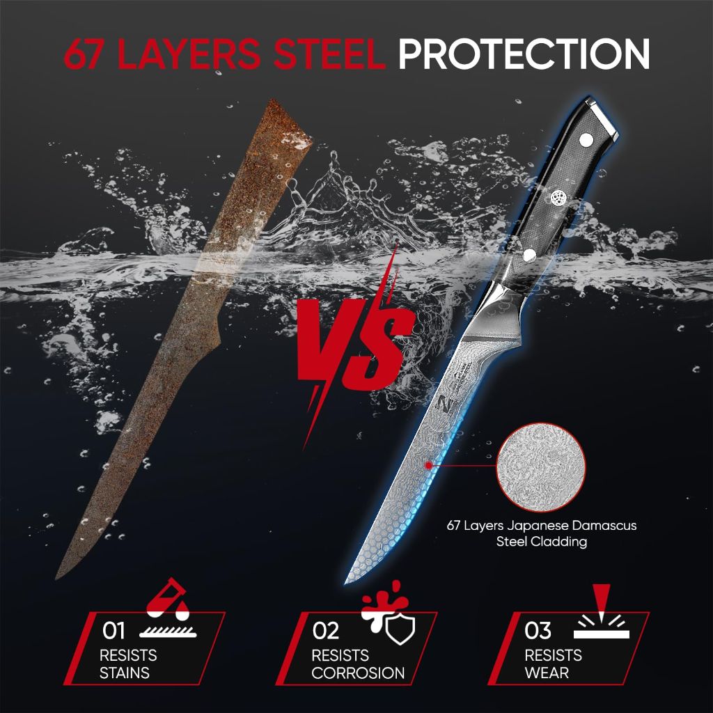 Zennish Boning Knife, 6 Inch,  AUS-10 Steel Core & 67-Layer Damascus Cladding, Full Tang G10 Handle