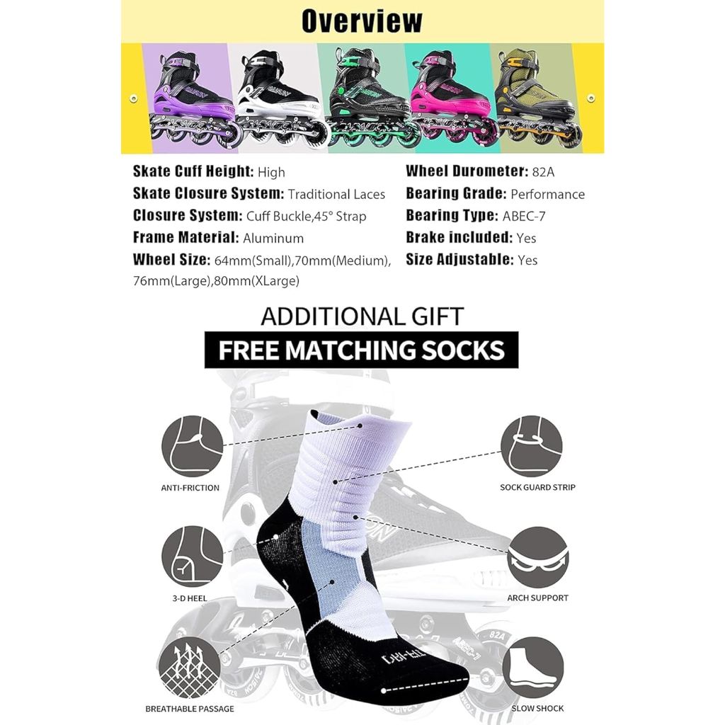Papaison Adult's Adjustable Inline Skates with Full Light Up Wheels - Black/White, Size XL