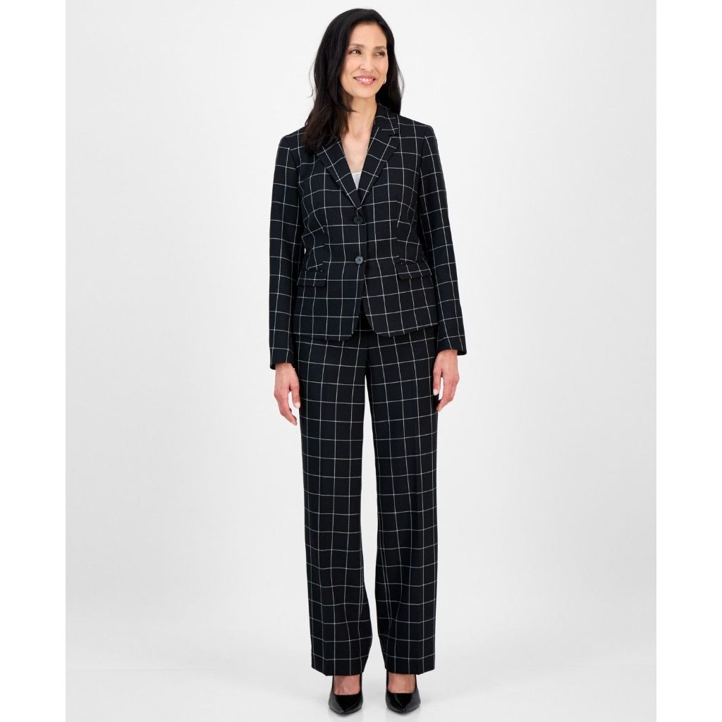 Le Suit Women's Windowpane Check Notch Collar Pantsuit - Black/vanilla Ice Size 4