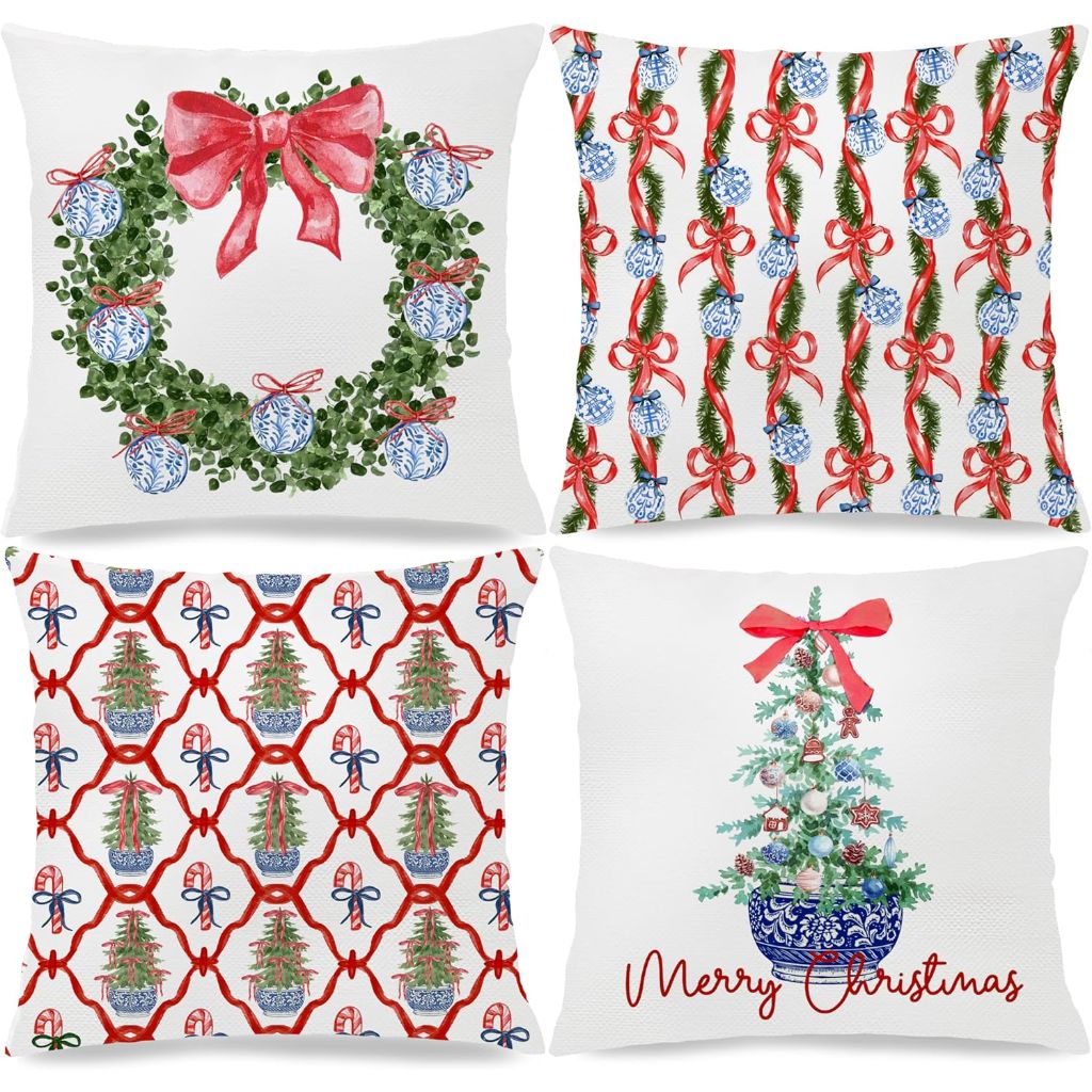 Red Bow Chinoiserie Christmas Tree Wreath Pillow Covers (18" x 18") - Set of 4