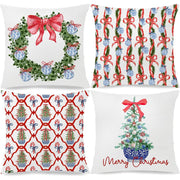 Red Bow Chinoiserie Christmas Tree Wreath Pillow Covers (18" x 18") - Set of 4