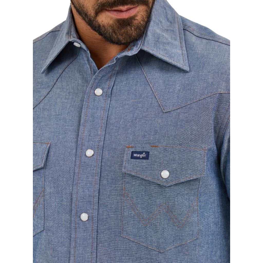 Wrangler Men's Cowboy Cut Western Long Sleeve Snap Work Shirt, Washed Finish, 18.5 X 37 (2XL)