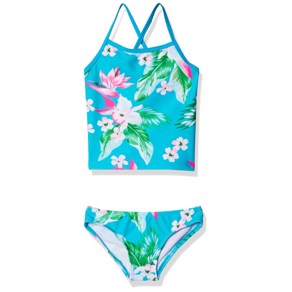 SZ 14, Kanu Surf Girls' Big Alania Floral Banded Tankini Beach Sport 2-Piece Swimsuit, Aqua