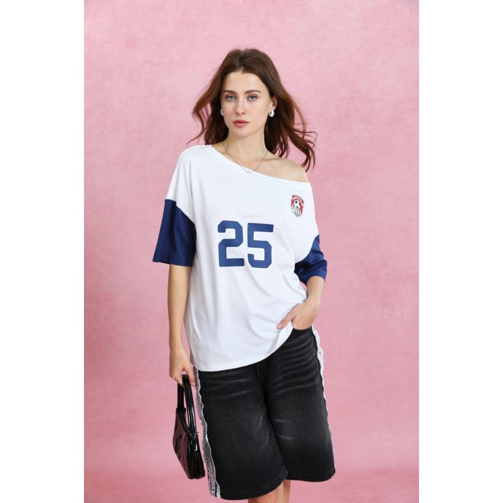 SOLY HUX Women's Y2k Oversized Graphic Tees, Off The Shoulder, Half Sleeve, White, Small