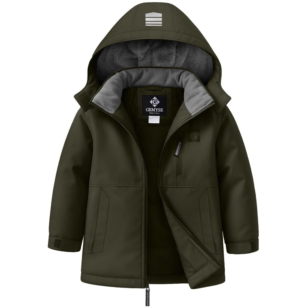 GEMYSE Kids Winter Coat Waterproof Boys Girls Ski Jacket with Hood Windproof (Dusty Olive Grey,6/7)