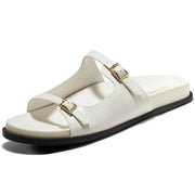 SZ 7.5, Coutgo Women's Flat Sandals, Wide Width Slides Double Strap Adjustable Buckle Slip on Shoes | White