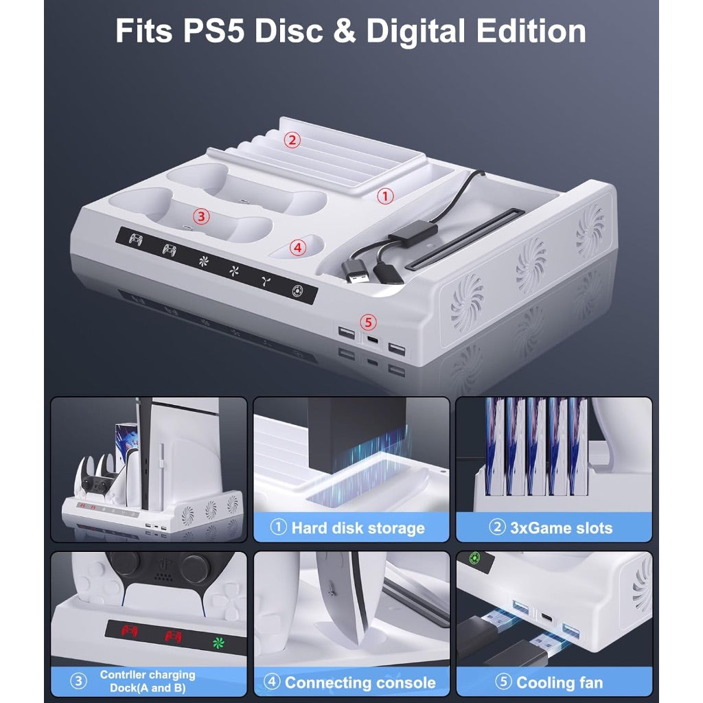 PS5 Slim Cooling Station with Controller Charging, Compatible with Disc and Digital PS