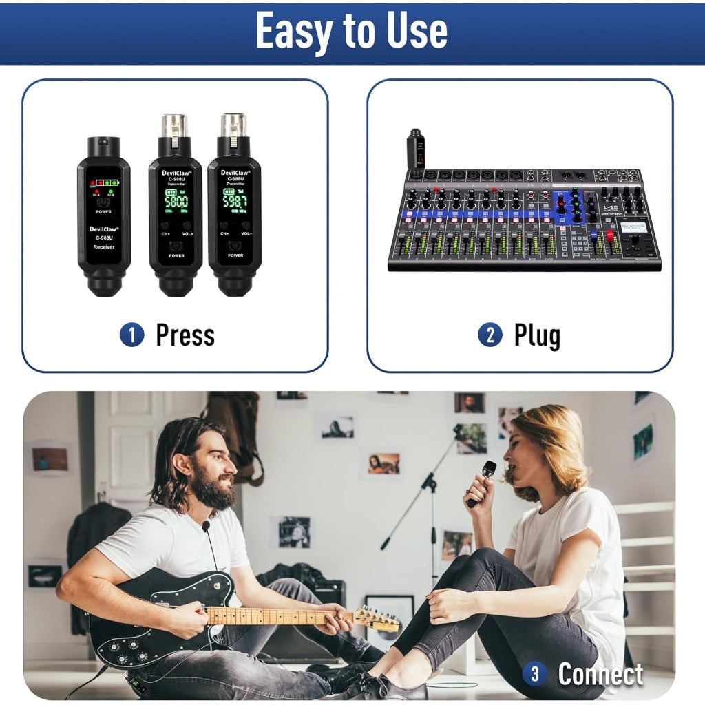 Wireless Guitar System Dual Transmitter with Microphone, Electric Guitar Accessories, 260ft Range, Plug and Play Wireless Audio Transmitter and Receiver for Bass Guitar