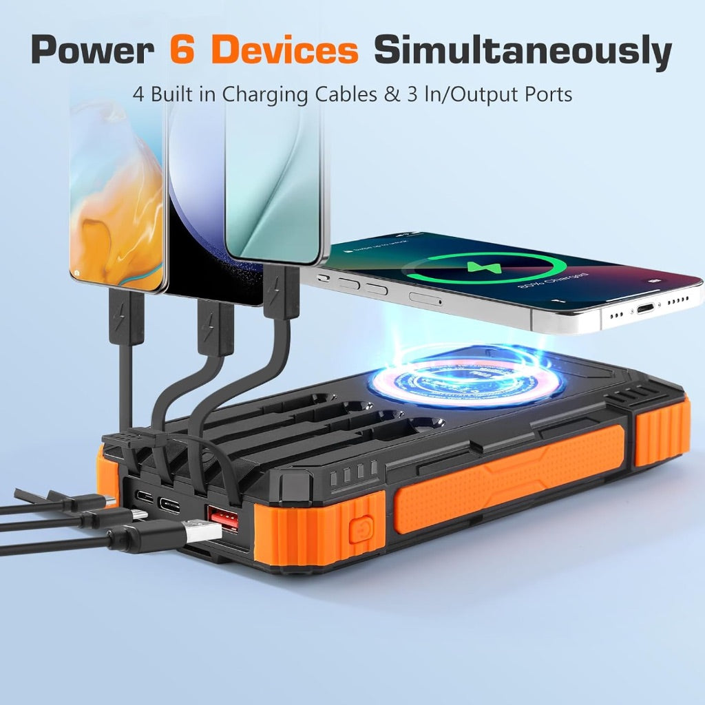 Solar Charger Power Bank,36000mAh Portable Wireless Charger with USB-C in/Output,15W Fast Charging External Battery Pack Built in 4 Cables,Three Inputs Phone Portable Charger (Black-Orange, 36000mAh)