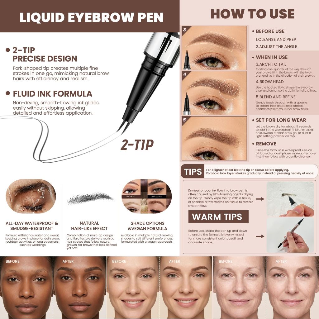 Pudaier 2 Pack 2 Fine Tip Eyebrow Pen, Waterproof Filling (Chocolate)