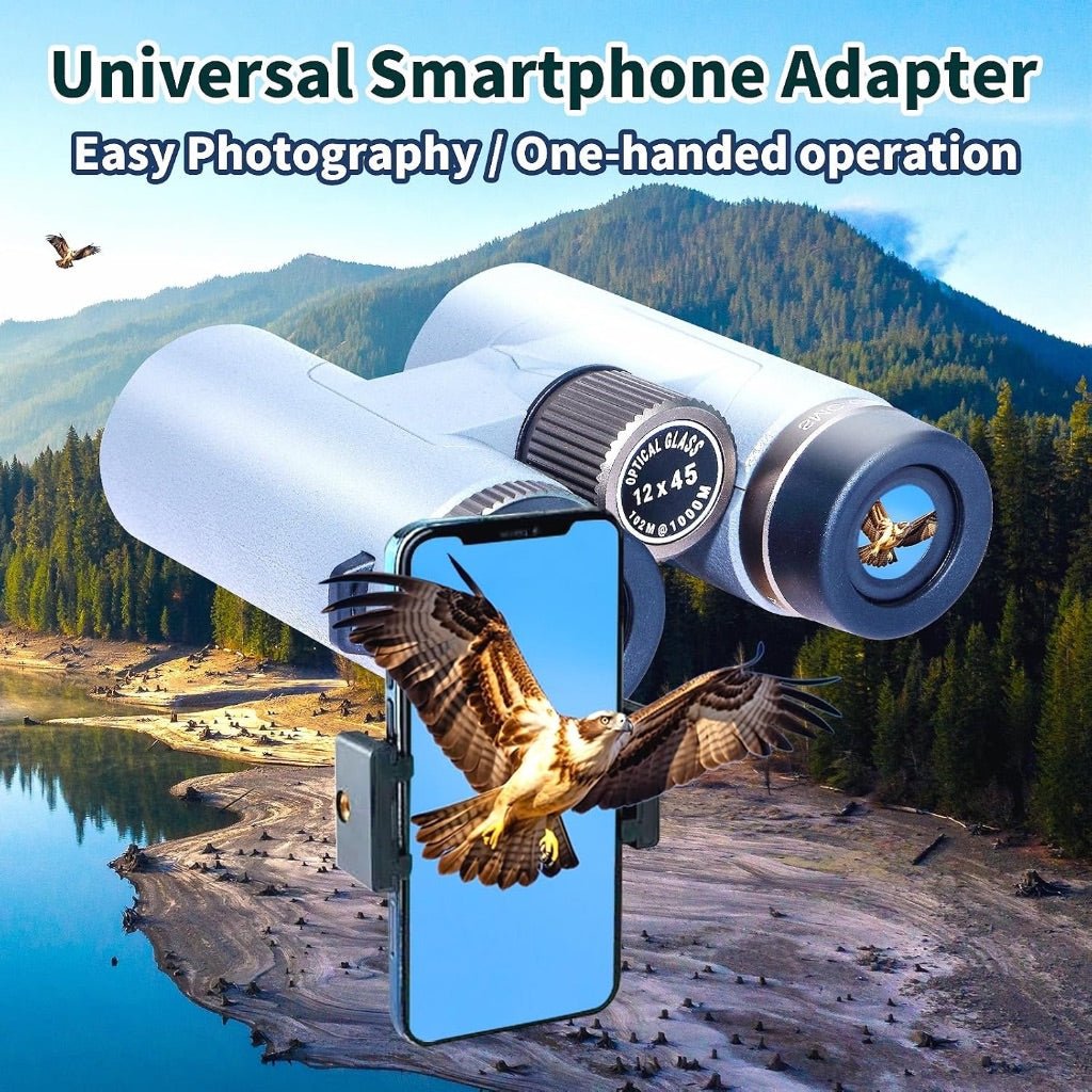 12x45 Binoculars for Adults - Universal Phone Adapter, High Power, Super Bright View, Lightweight, Waterproof for Bird Watching, Hunting, Outdoor Sports, Travel
