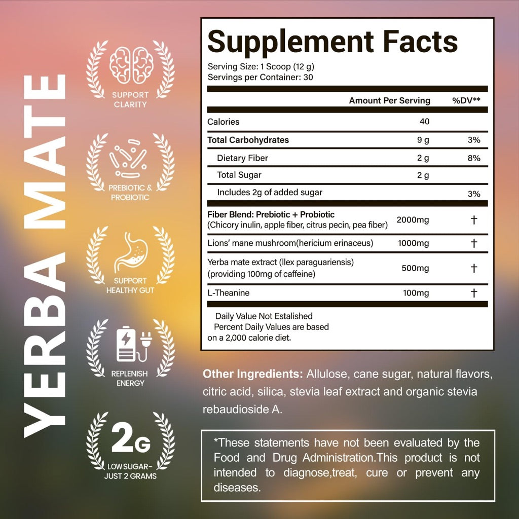 Yerba Mate Tea Instant Powder with Organic Prebiotics/Probiotics, Natural Ingredients - Strawberry Matcha, 30 Servings