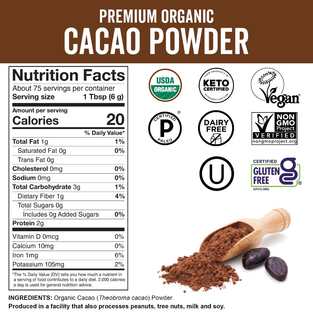 Organic Cacao Powder, Unsweetened, 1 lb (454 g)