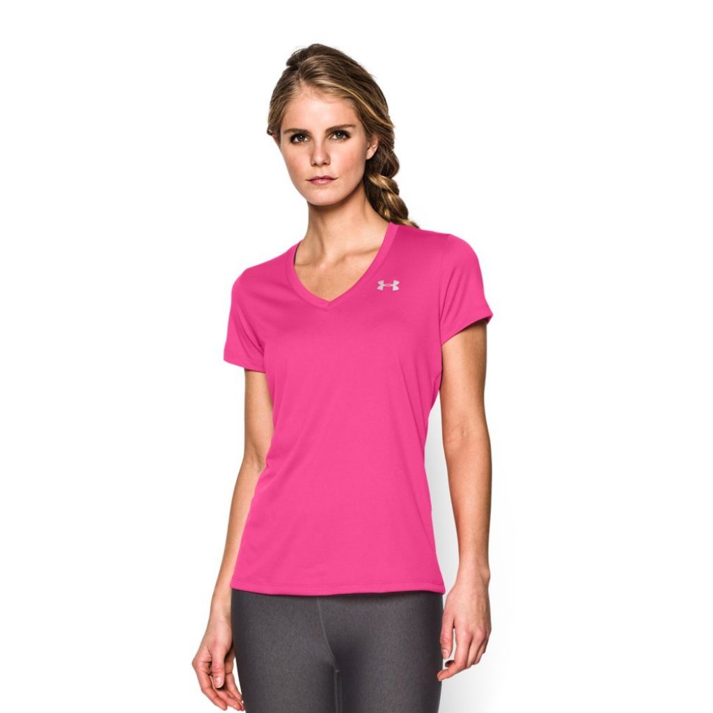 Under Armour Womens Tech V-Neck Short-Sleeve T-Shirt, (652) Rebel Pink / / Metallic Silver, XX-Large