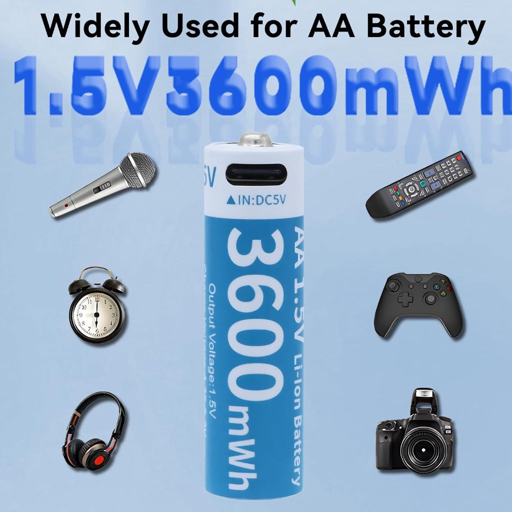 AA Rechargeable Lithium Batteries, USB-C Rechargeable Li-Ion Battery 1.5V 3600mWh - 4 Pack