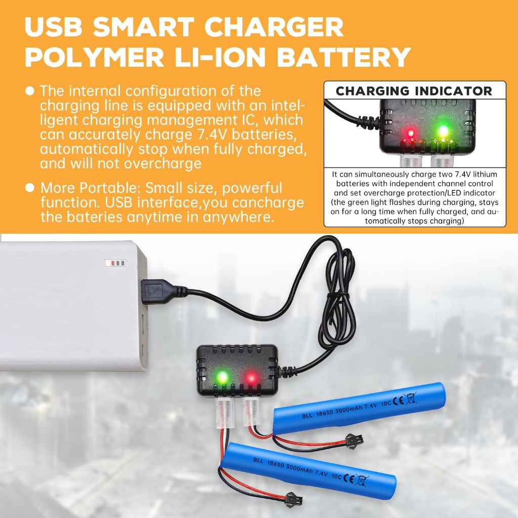 Sea jump 2PCS 7.4V 10C 3000mAh with SM-2P Plug and 2in1 Charger Suitable for MP5K M4 M110 SRB1200 SRB400 SRB400 SUB Air Gun Gel Water Droplet Explosion Gun Remote Control Car Battery
