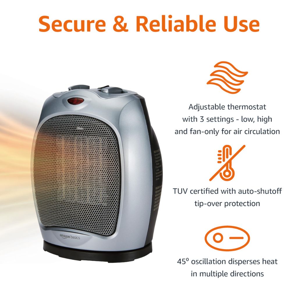 Amazon Basics Oscillating Ceramic Portable Indoor Space Heater, 1500W, 7.52"D x 6.34"W x 9.45"H, Silver