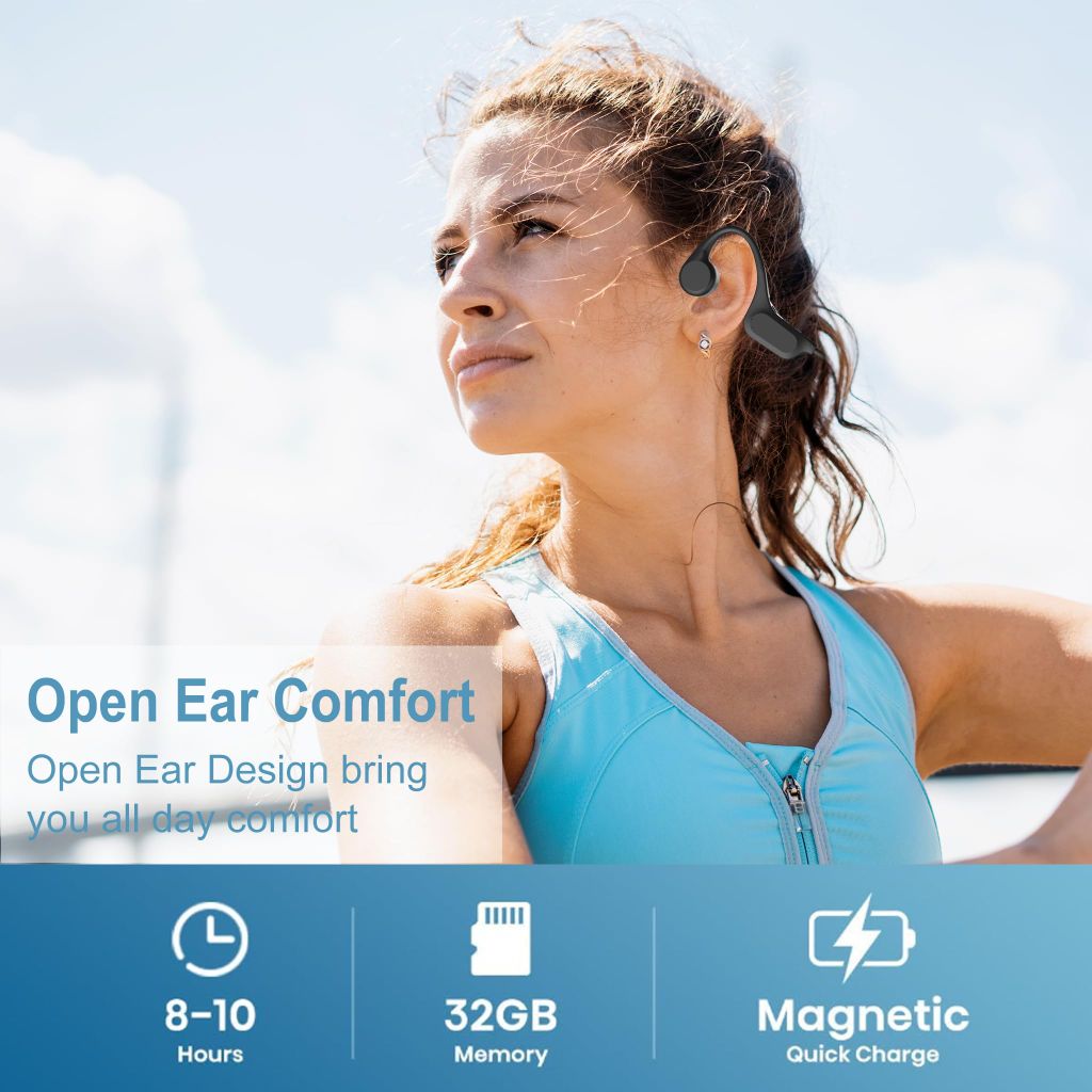 Piegricdiat Bone Conduction Bluetooth Headphones Built-in MP3 32G Memory - Black