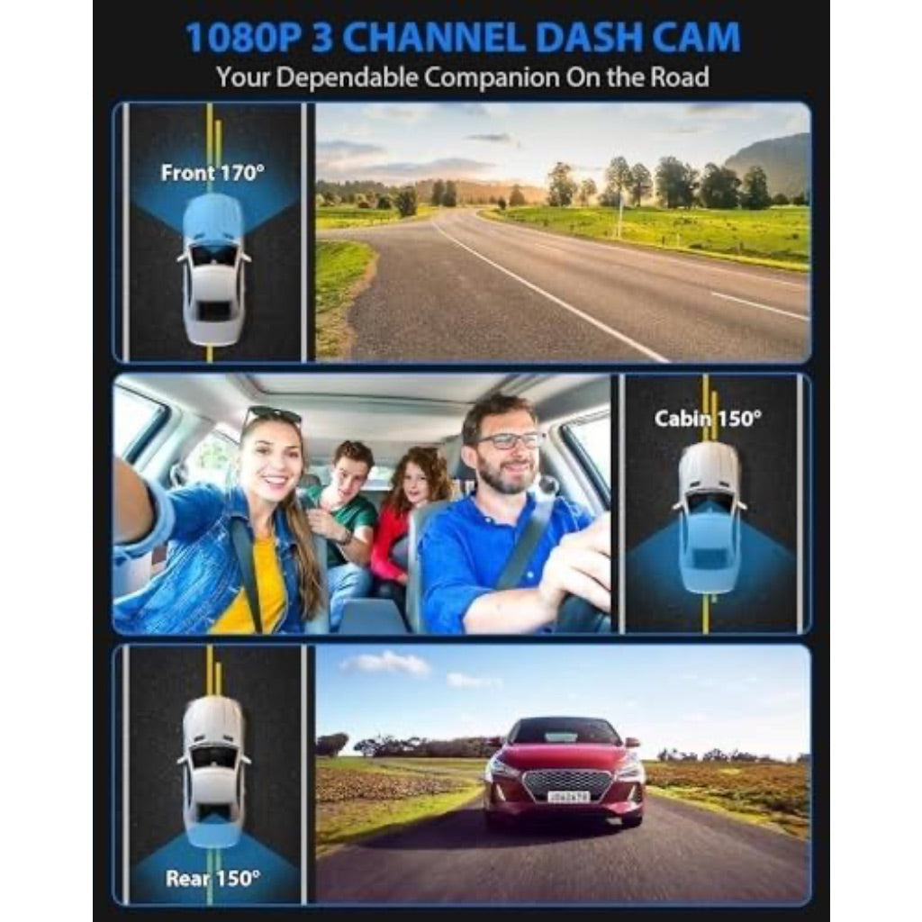 SUVCON Dash Cam, 3 Channel Dash Cam, 1080P Dash Cam Front and Inside, Triple Dash Cam, Dash Camera with 32GB Card, HDR, G-Sensor, 24Hr Parking, Front