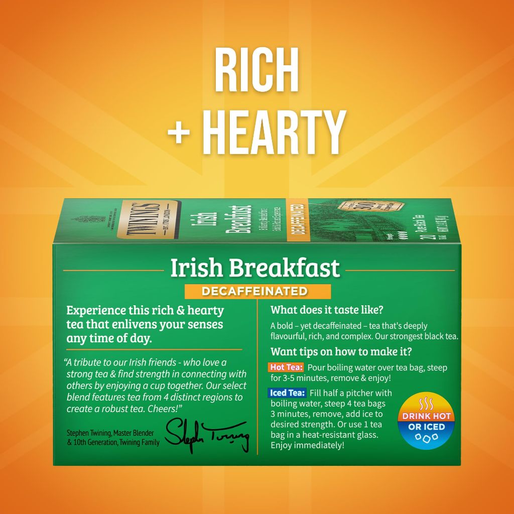 Twinings Decaffeinated Irish Breakfast Black Tea Individually Wrapped Bags, 20 Count (Pack of 1)