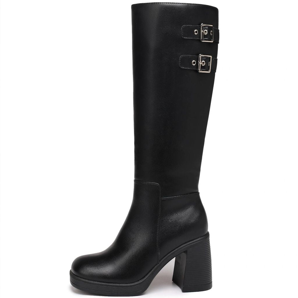 TYNDALL Womens Knee High Boots Platform Chunky Heel Black Boot For Women