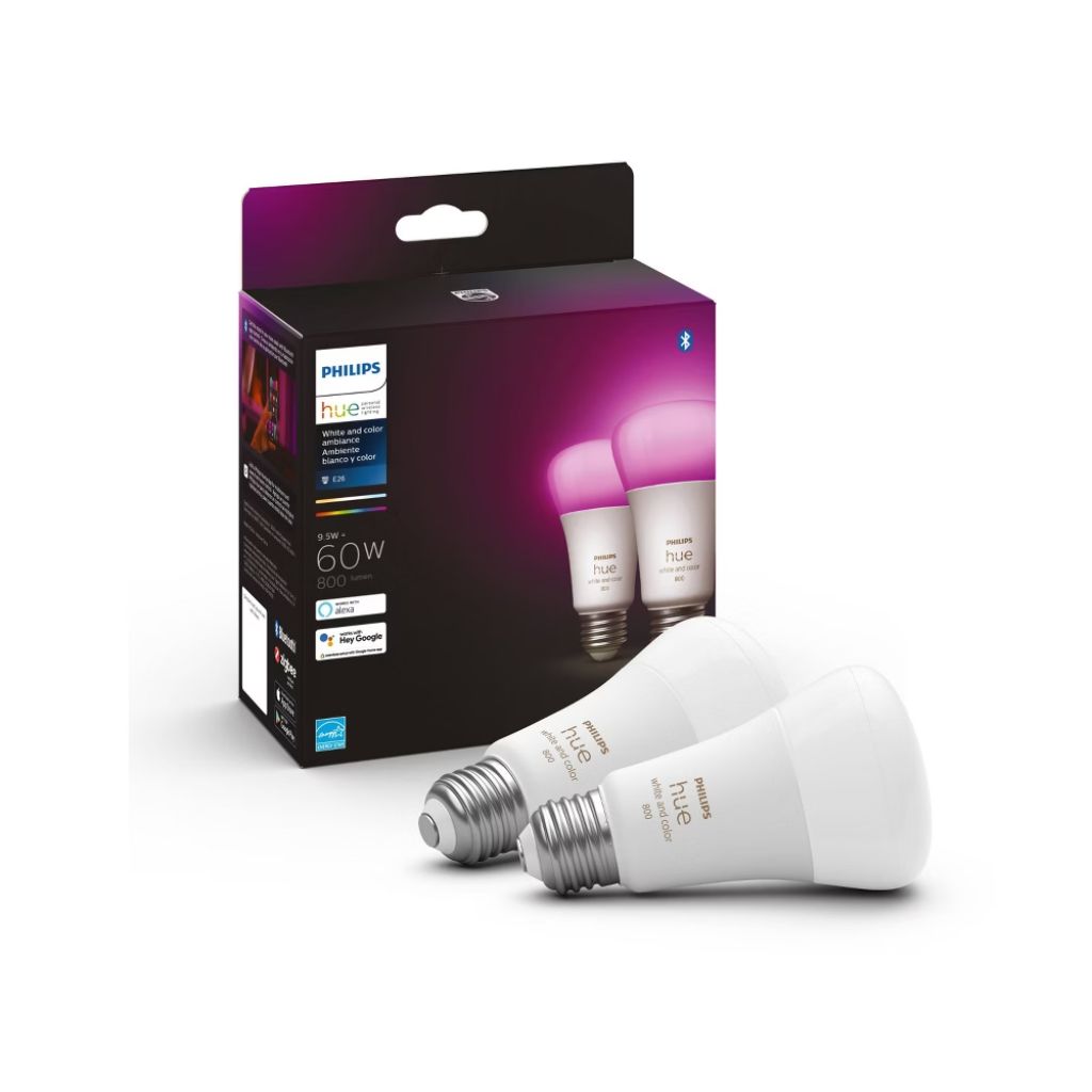Philips Hue White & Color A19 60W Smart Light Bulbs: Dimmable, 800 Lumens - 2 LED Bulbs