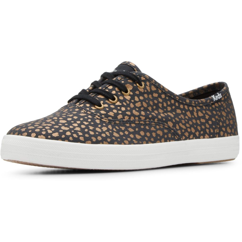 Size 7 X-WIDE Keds Women's Champion Canvas Lace Up, Black/Bronze Mini Dot