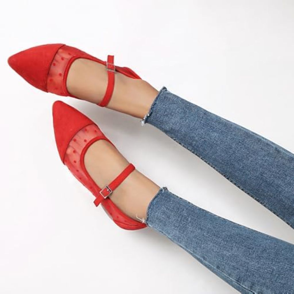 Mesh Ballet Flats for Women Point Toe Splicing Dot Tulle Ballerina Shoes with Adjustable Ankle Strap Comfortable Casual 6M