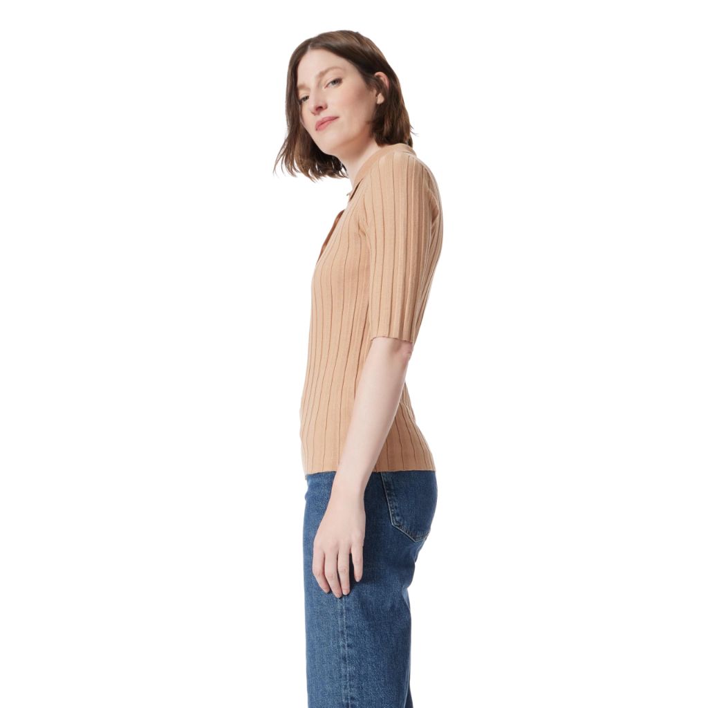 SZ M,  DEE OCLEPPO DO Women's Cleo Half Sleeve Ribbed Polo Shirt Standard | Camel