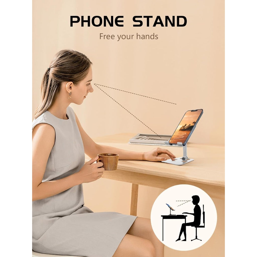Folding Cell Phone Stand for Desk, Adjustable Phone Holder, Compatible with iPhone, Switch, Kindle, iPads, (Silver)