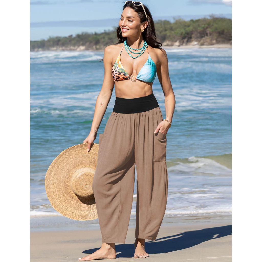 TARSE Womens Linen Wide Leg Pants, Loose, Elastic Waist with Pockets(MidCoffee,S)
