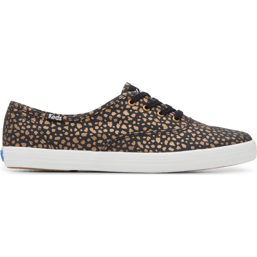 Size 5.5 X-Wide, Keds Women's  Champion Canvas Lace Up, Black/Bronze Mini Dot,