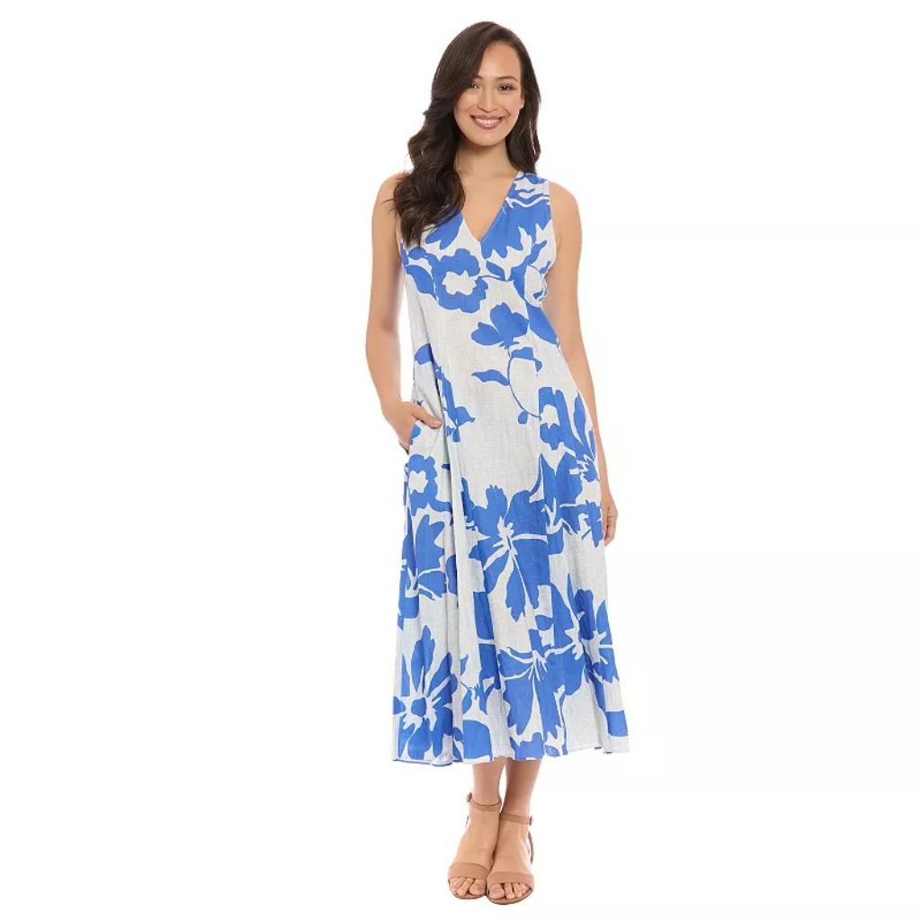 London Times Women's V-Neck Pleated A-Line Dress - Lt. Blue, Large