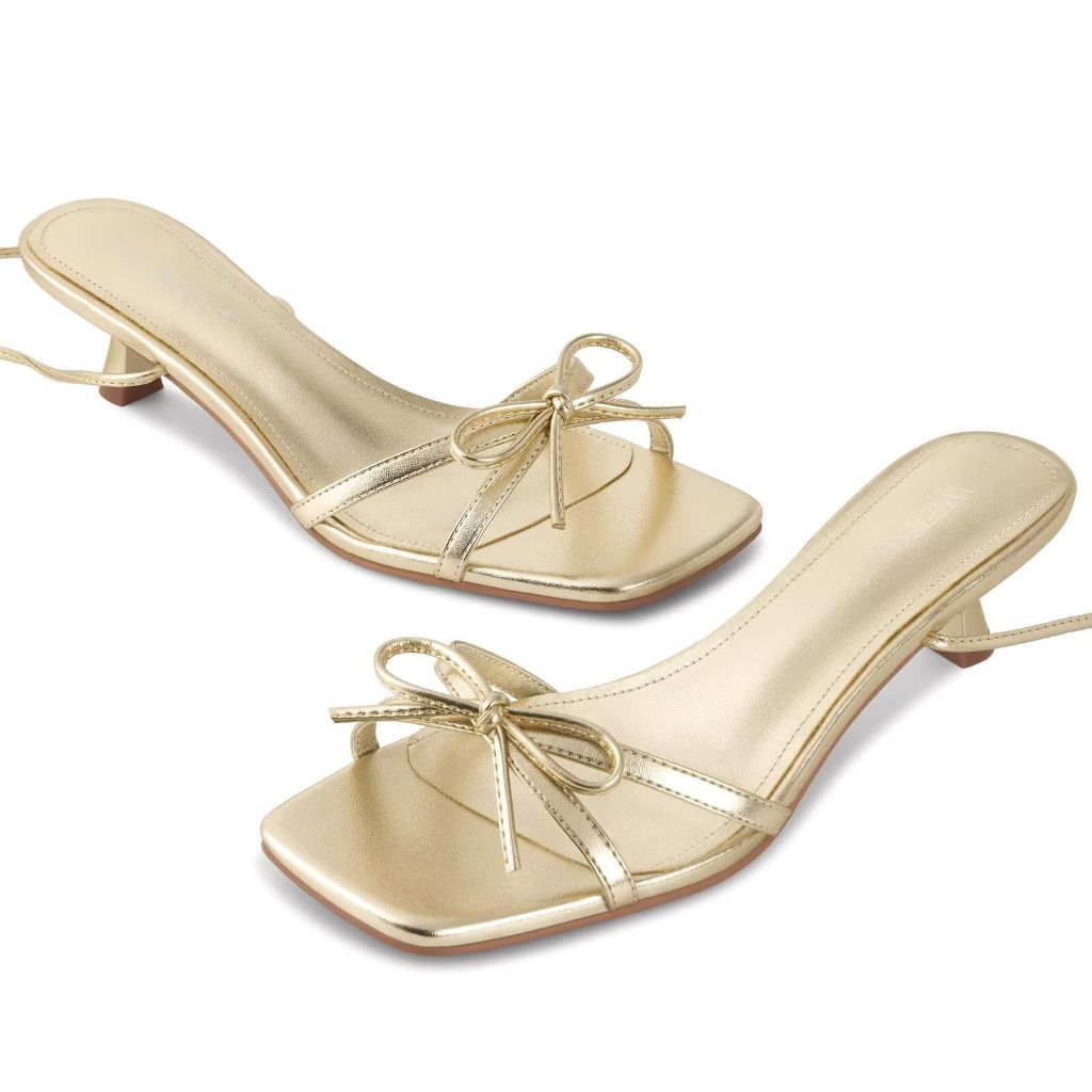 Wetkiss Gold Bow Kitten Heels for Women Lace UP Strappy Heeled Sandals Square Open Toe  7.5