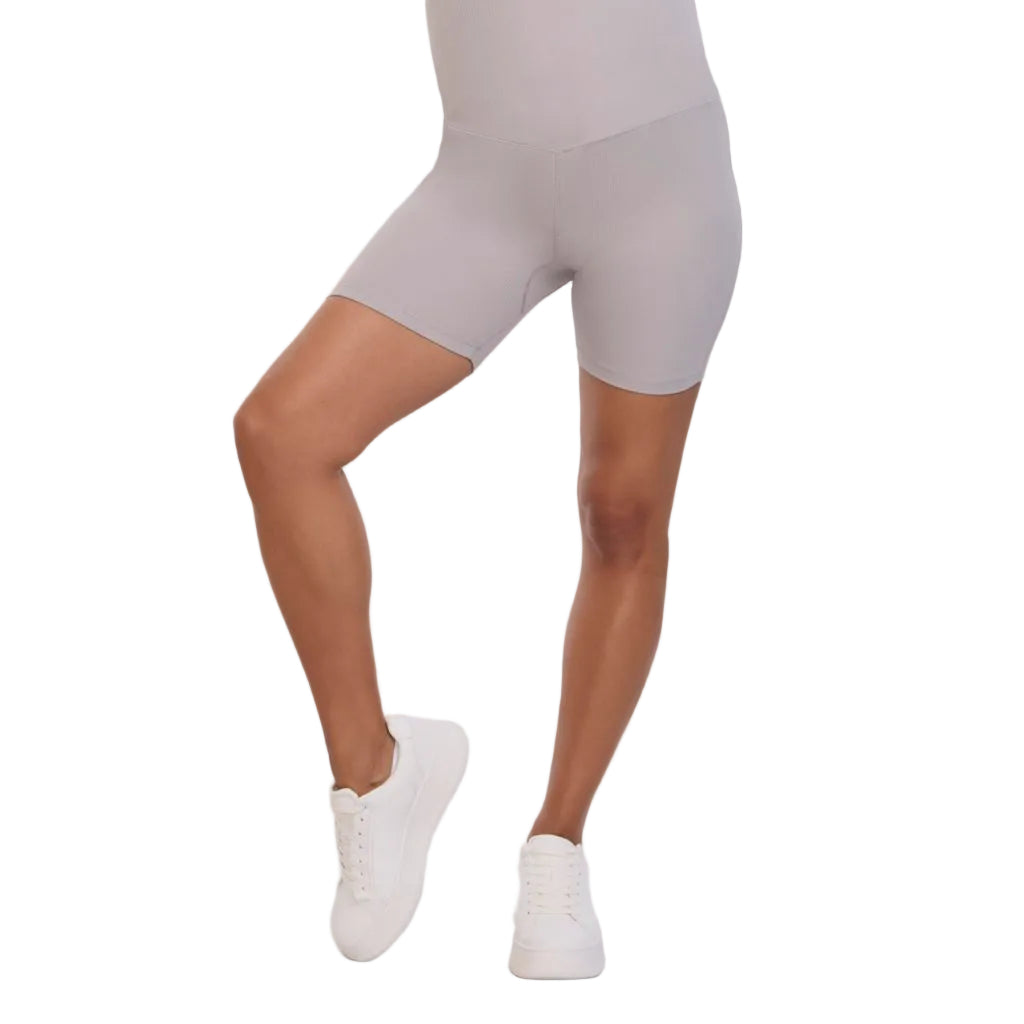 Motherhood Maternity Women's Over The Belly Ribbed Biker Pregnancy Workout Shorts, Opal, X-Large