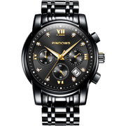 PINDOWS Men's Analog Quartz 42mm Watch - Stainless Steel Black Strap, Black Dial with Gold Numerals