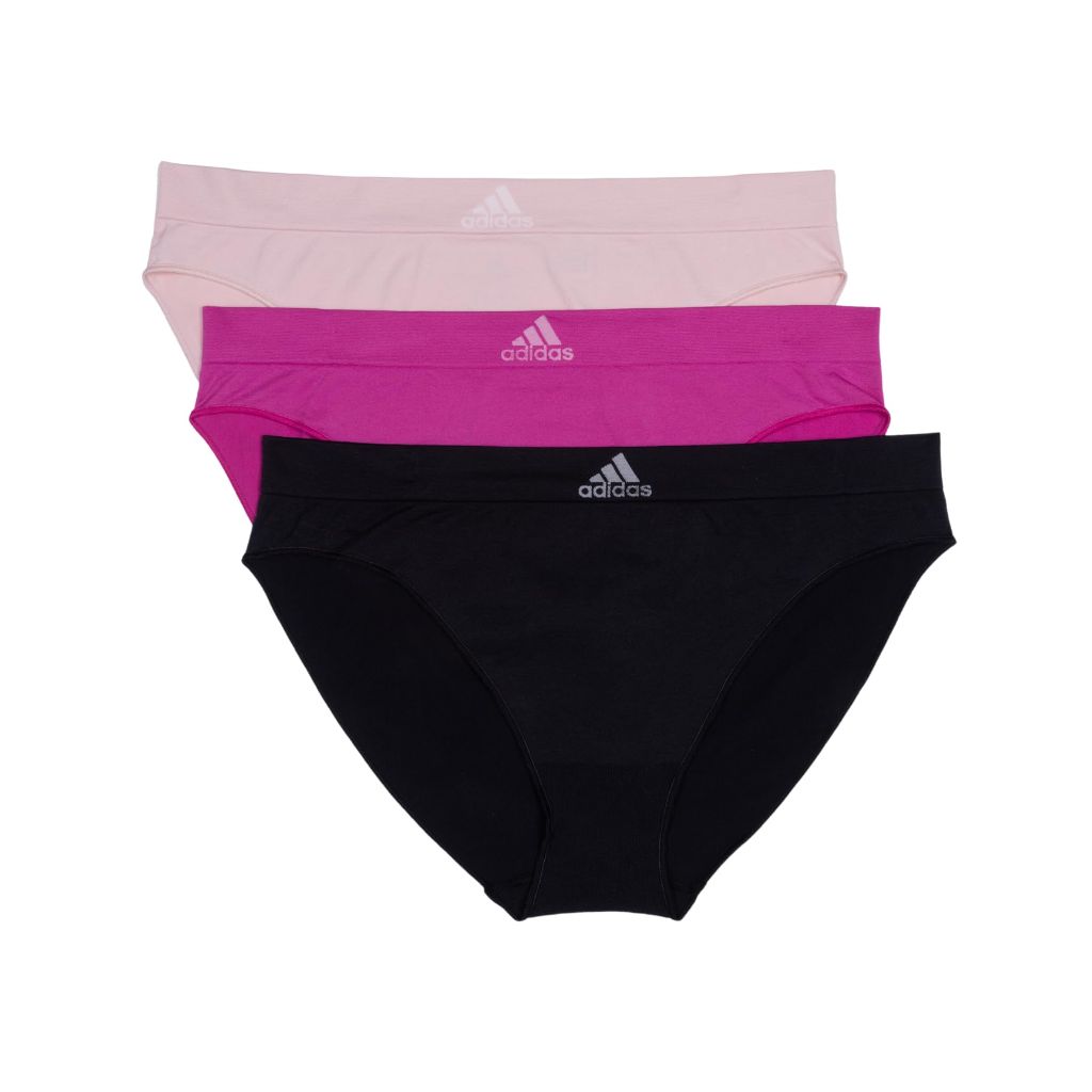 Adidas Women's Seamless Bikini Underwear 3-pack, Black with Stripes/Peach Whip/Semi Lucid Fuchsia, Small