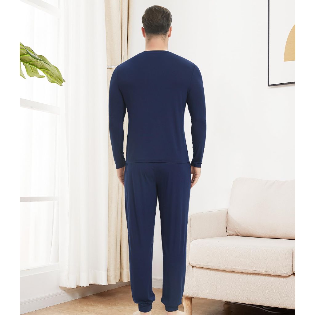 SZ XXL, NACHILA Mens Pajamas Set Long Sleeve Henley Sleepwear, Bamboo Navy Blue XXL