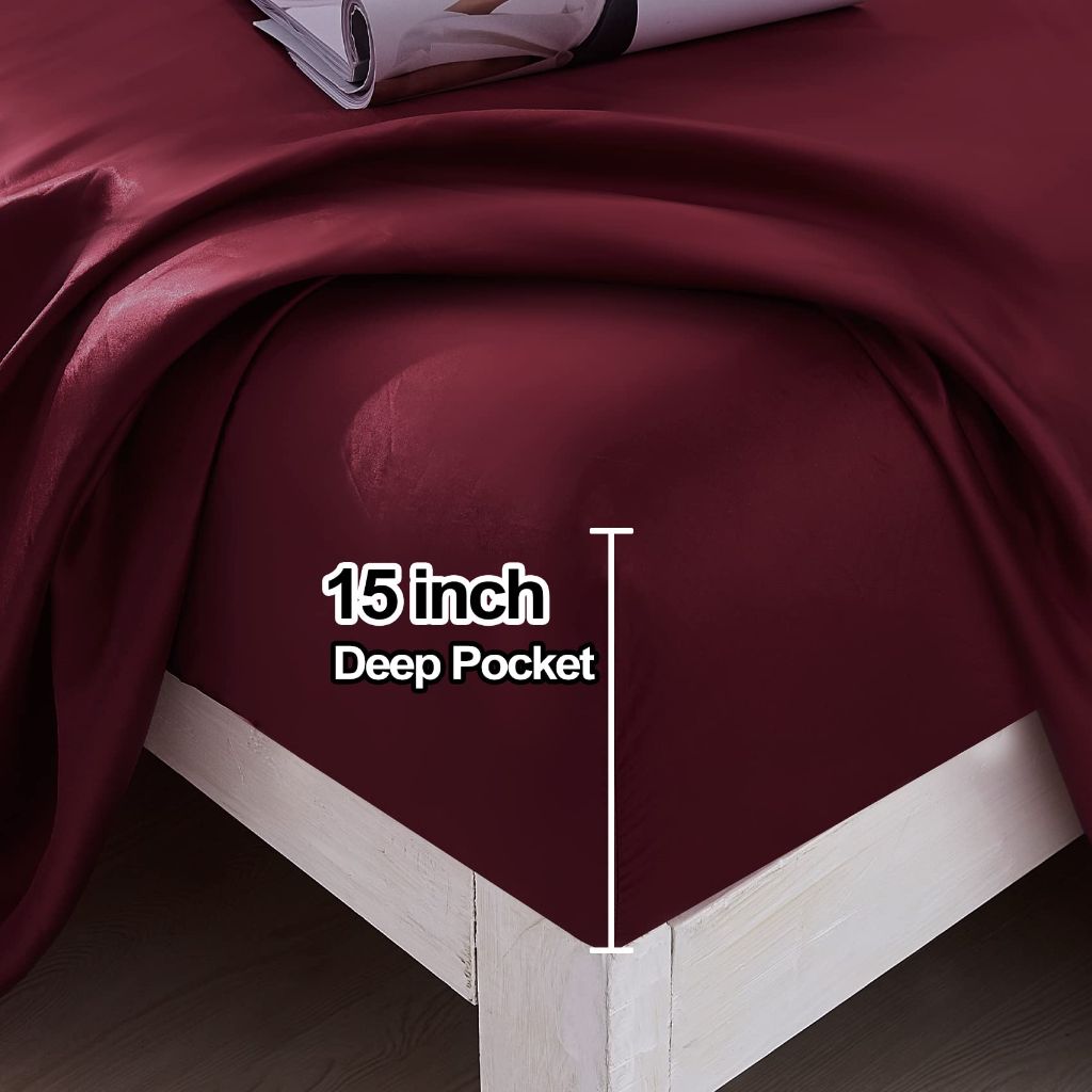 JSD Burgundy Satin Sheet Set Full Size, 4 Piece