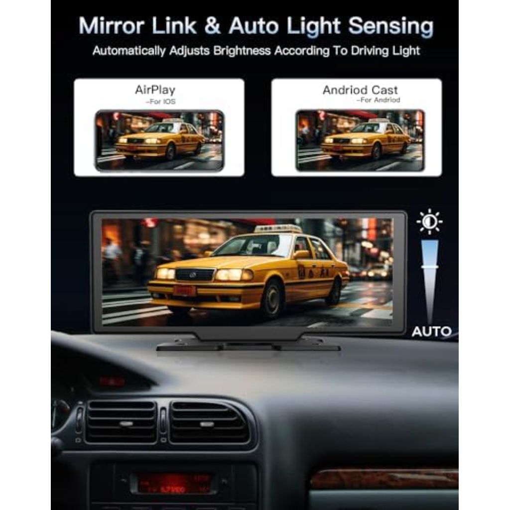 Portable Wireless CarPlay Touchscreen for Car: 4K Apple Carplay & Android Auto Car Play Screen with 4K Dash Cam/1080p Rear Camera/GPS Navigation/Bluetooth/Mirror Link/AirPlay (Obsidian Black-10IN)