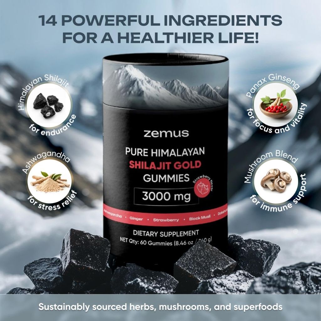 Zemus Himalayan Pure Shilajit Gummies | (60 Count / 8.46 oz, Strawberry)
