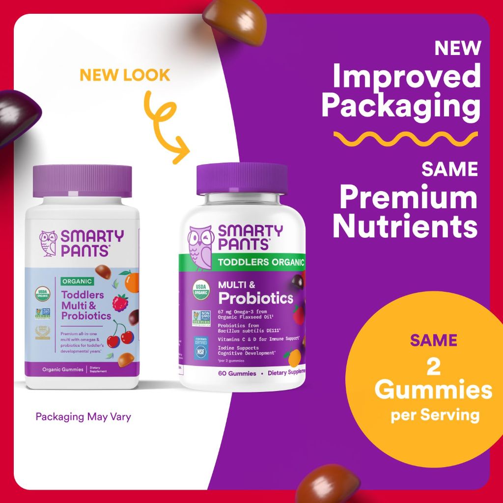 SmartyPants Organic Toddler Multivitamin Gummies, Three Fruit Flavors, 60 Count (30 Day Supply)