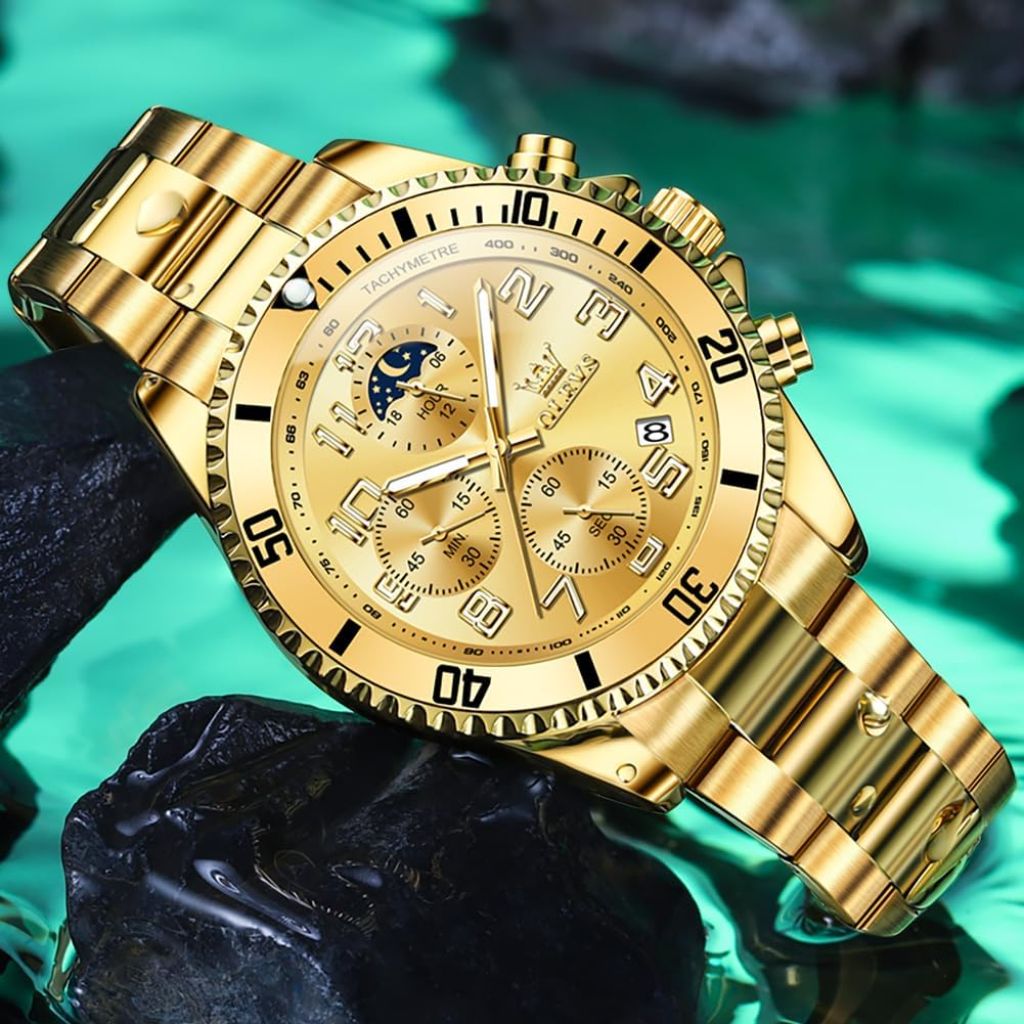 OLEVS Men's Waterproof Luxury Big Face Watch - Stainless Steel, Gold Tone